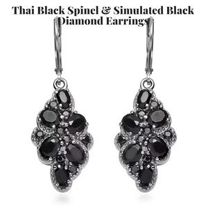 Thai Black Spinel & Simulated Black Diamond Drop Earrings - Black